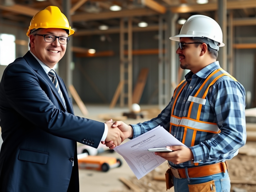 Insurance agent shaking hands with a construction contractor on a jobsite