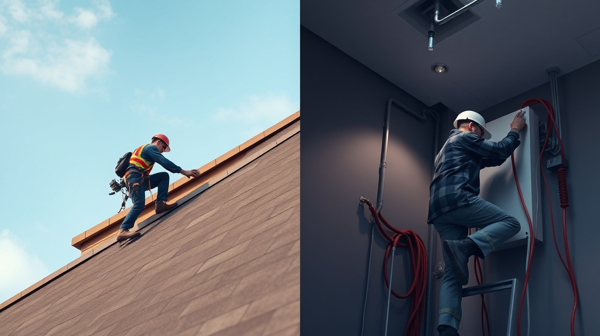 Side-by-side comparison illustration of a roofer on a steep roof and an electrician working on a panel